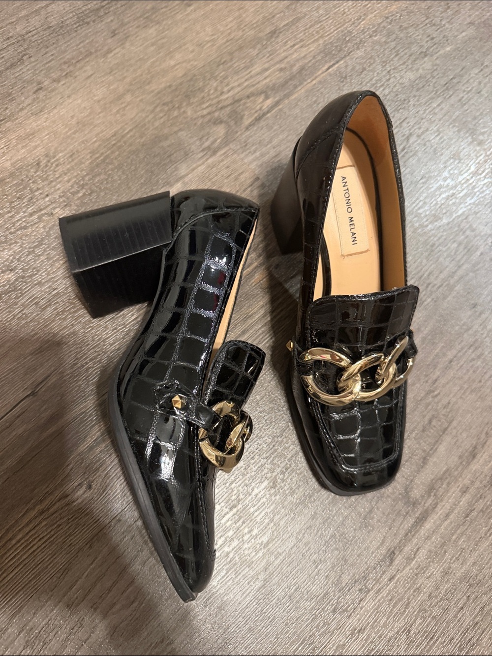 ANTONIO MELANI Black leather Croc style Block heels with Gold Chain Accent